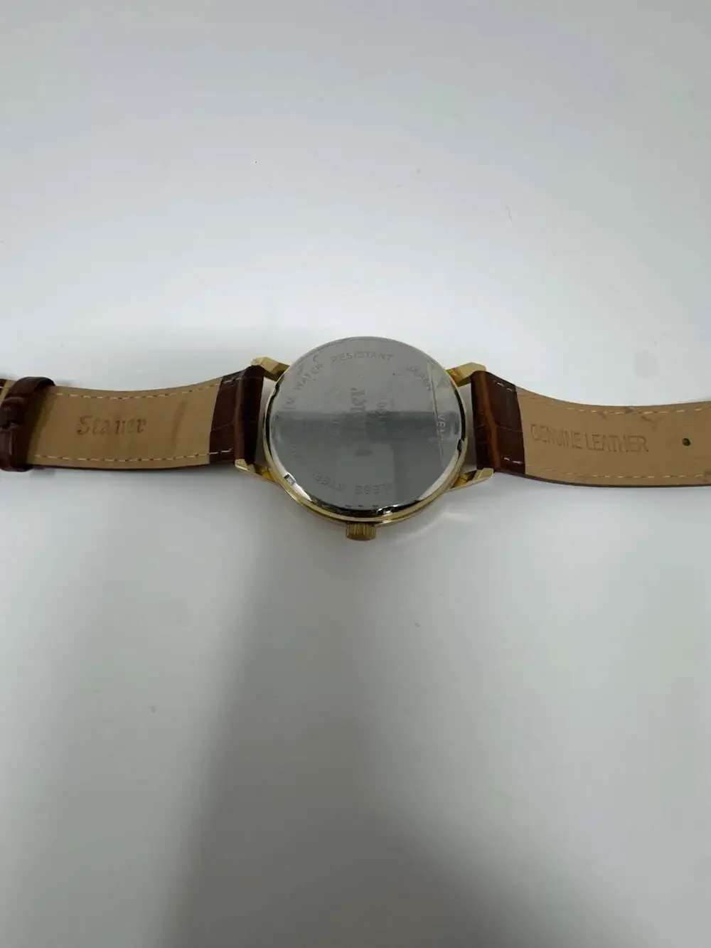 Stauer Men's Gold-Tone Round Case Watch with Roman Numerals and Brown Leather St